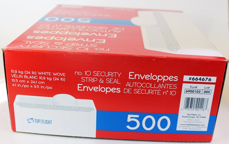 Top Flight PSTF10NWT #10 Envelopes, Strip & Seal, Security Tinted, White Paper, 24 lb, 500 Count - Image 2