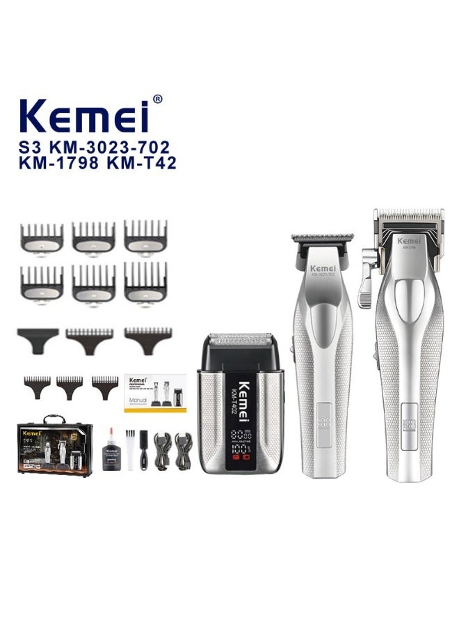 كيمي ماكس S3 برو ماكينة قص الشعر كومبو (KM-3023-702 ماكينة قص + KM-1798 مشذب + KMT402 ماكينة حلاقة كهربائية) – مقاومة للماء IPX7، شفرة DLC، شاشة LCD - Image 1