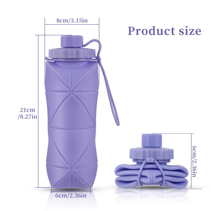 YCT Collapsible Silicone Travel Water Bottle 20oz (600ml), Reuseable Leakproof BPA Free Foldable Sports Bottle, with Carrying Strap, Dark Gray + Purple - Image 5
