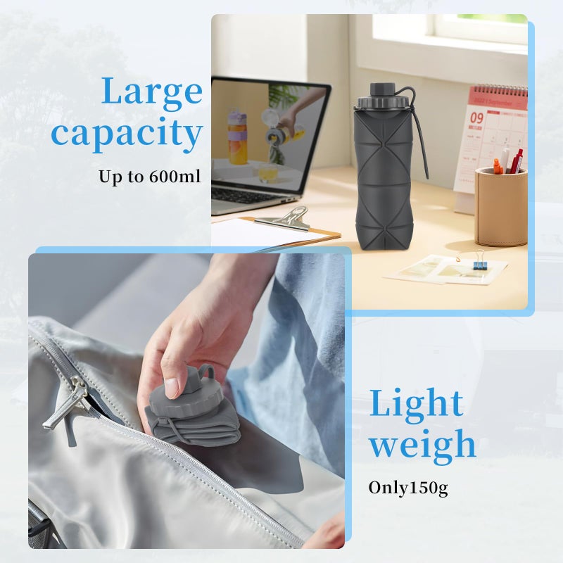 YCT Collapsible Silicone Travel Water Bottle 20oz (600ml), Reuseable Leakproof BPA Free Foldable Sports Bottle, with Carrying Strap, Dark Gray + Purple - Image 3