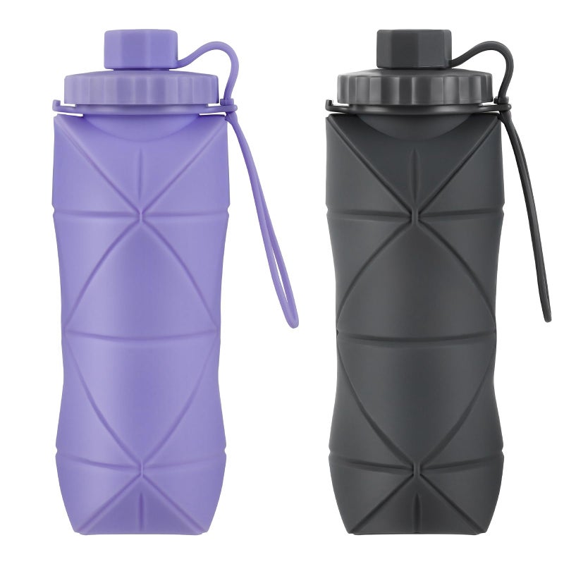 YCT Collapsible Silicone Travel Water Bottle 20oz (600ml), Reuseable Leakproof BPA Free Foldable Sports Bottle, with Carrying Strap, Dark Gray + Purple - Image 1