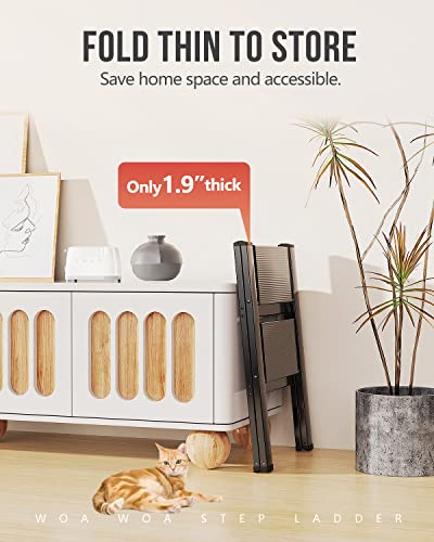 WOA WOA 2 Step Ladder, Foldable Step Stool, Aluminum Lightweight Ladder for Home Kitchen Closet, Anti-Slip Pedals, Ease of Folding, Portable, 300lbs Capacity - Black - Image 4