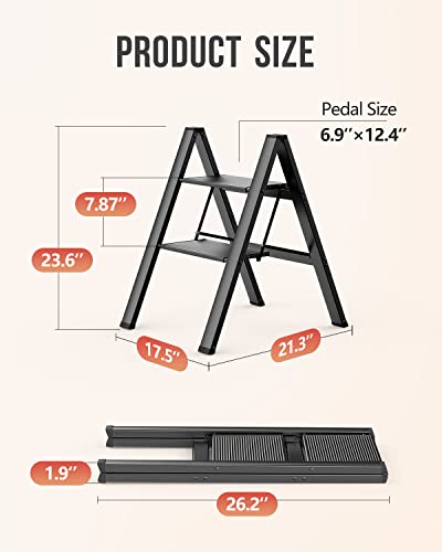 WOA WOA 2 Step Ladder, Foldable Step Stool, Aluminum Lightweight Ladder for Home Kitchen Closet, Anti-Slip Pedals, Ease of Folding, Portable, 300lbs Capacity - Black - Image 2