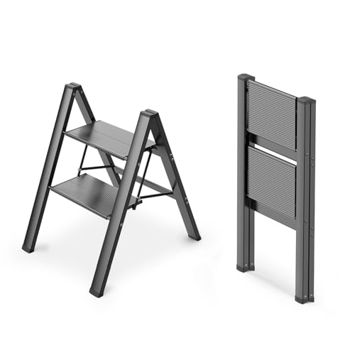 WOA WOA 2 Step Ladder, Foldable Step Stool, Aluminum Lightweight Ladder for Home Kitchen Closet, Anti-Slip Pedals, Ease of Folding, Portable, 300lbs Capacity - Black - Image 1