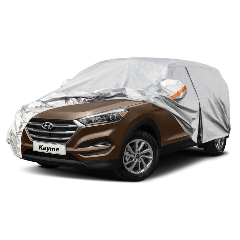 Kayme 6 Layers SUV Car Cover Custom Fit for Hyundai Tucson 20042025 Waterproof All Weather for Automobiles Outdoor Full Cover Rain Sun UV ProtectionSilver