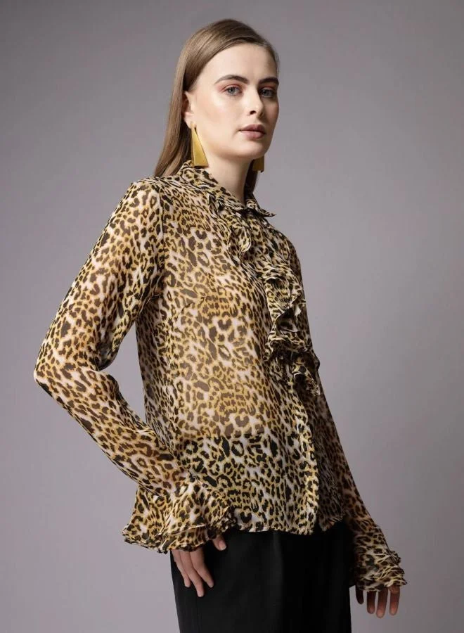 Women Regular Fit Animal Printed Shirt Collar Long Sleeve Ruffled Top