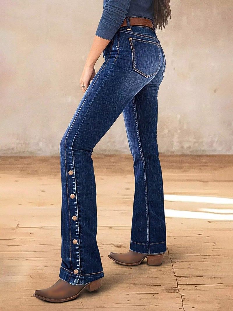 Flamingals Women's Buttoned Hem Bootcut Jeans Without Belt Mid Waist Casual Pants Deep Blue M - Image 3