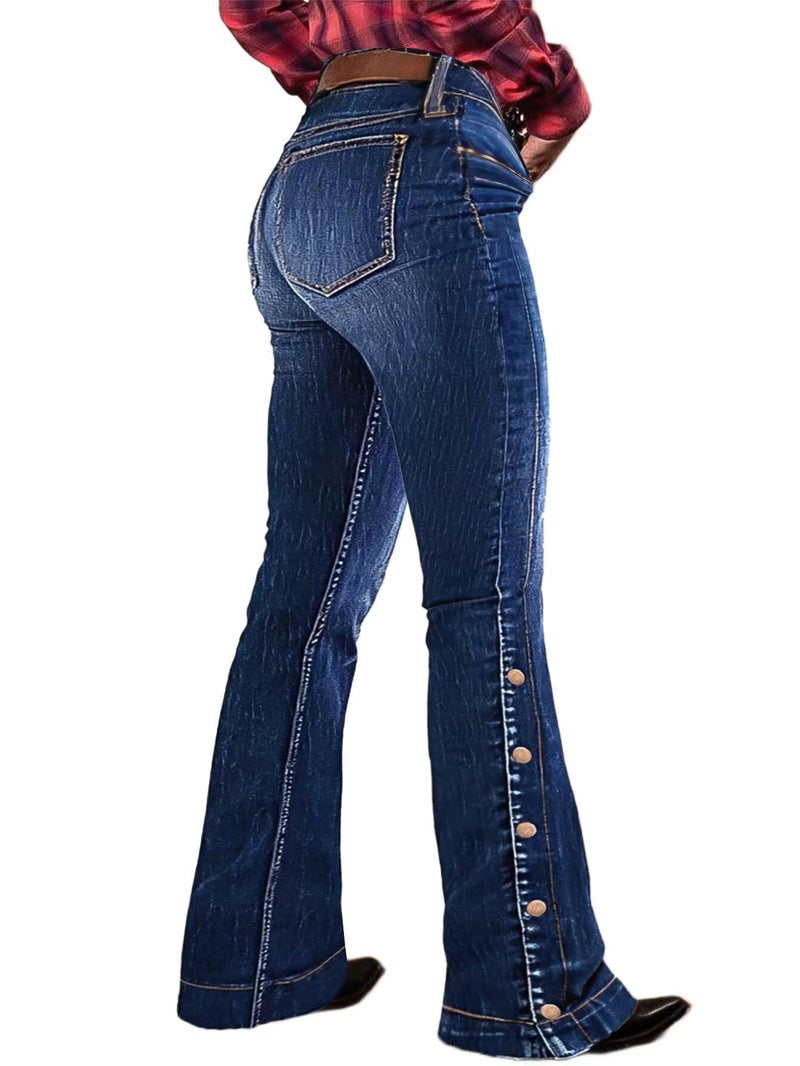 Flamingals Women's Buttoned Hem Bootcut Jeans Without Belt Mid Waist Casual Pants Deep Blue M - Image 1