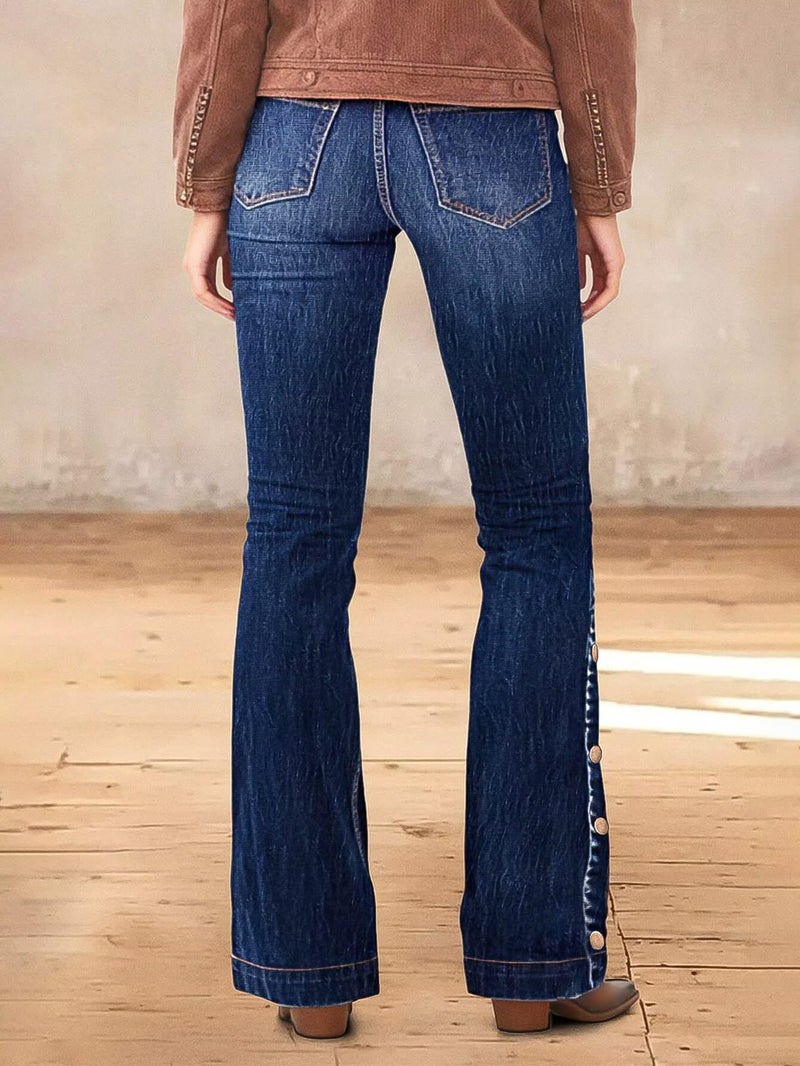 Flamingals Women's Buttoned Hem Bootcut Jeans Without Belt Mid Waist Casual Pants Deep Blue M - Image 5