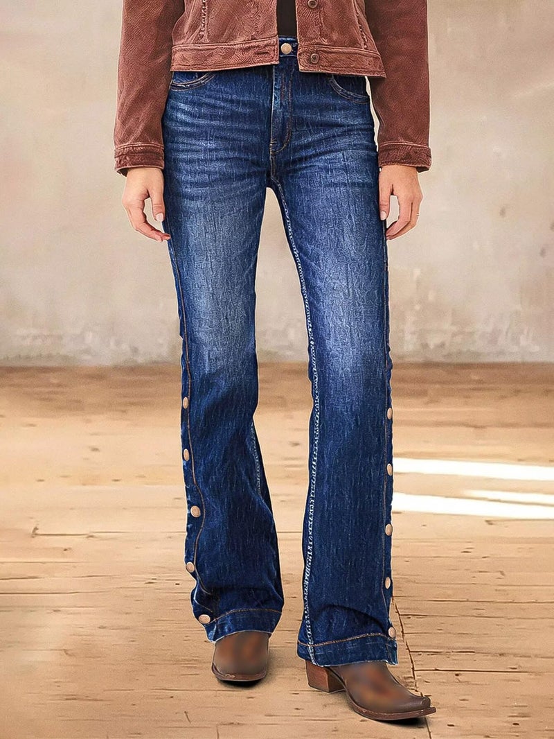 Flamingals Women's Buttoned Hem Bootcut Jeans Without Belt Mid Waist Casual Pants Deep Blue M - Image 4