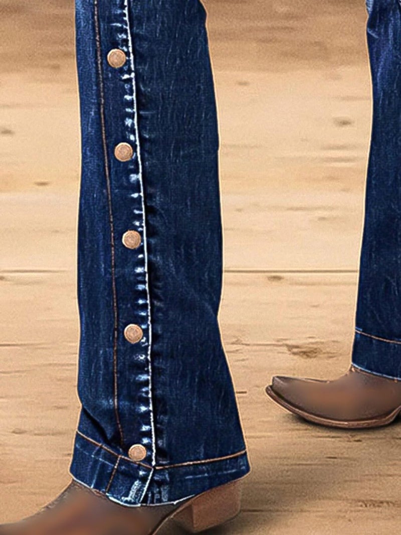 Flamingals Women's Buttoned Hem Bootcut Jeans Without Belt Mid Waist Casual Pants Deep Blue M - Image 2