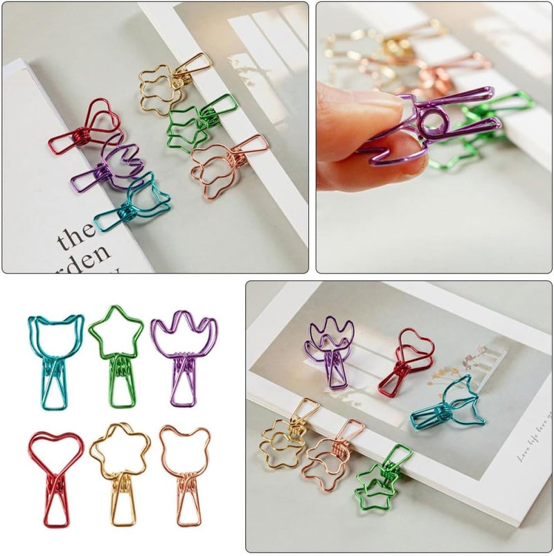 12pcs Colorful Metal Long Tail Binder Clips with Flower, Bear, Heart, Star, Cat, and Mountain Shapes for Document Organization and Office School Supplies - Image 2
