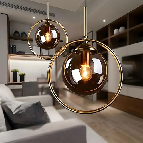 RBSK Golden Metal & Smoke Glass Hanging Ring Light for Living Room, Bedroom, Home Decoration, Pendant Lamp (E27 Bulb Holder) (Without Bulb, 2, Pack) - Image 1