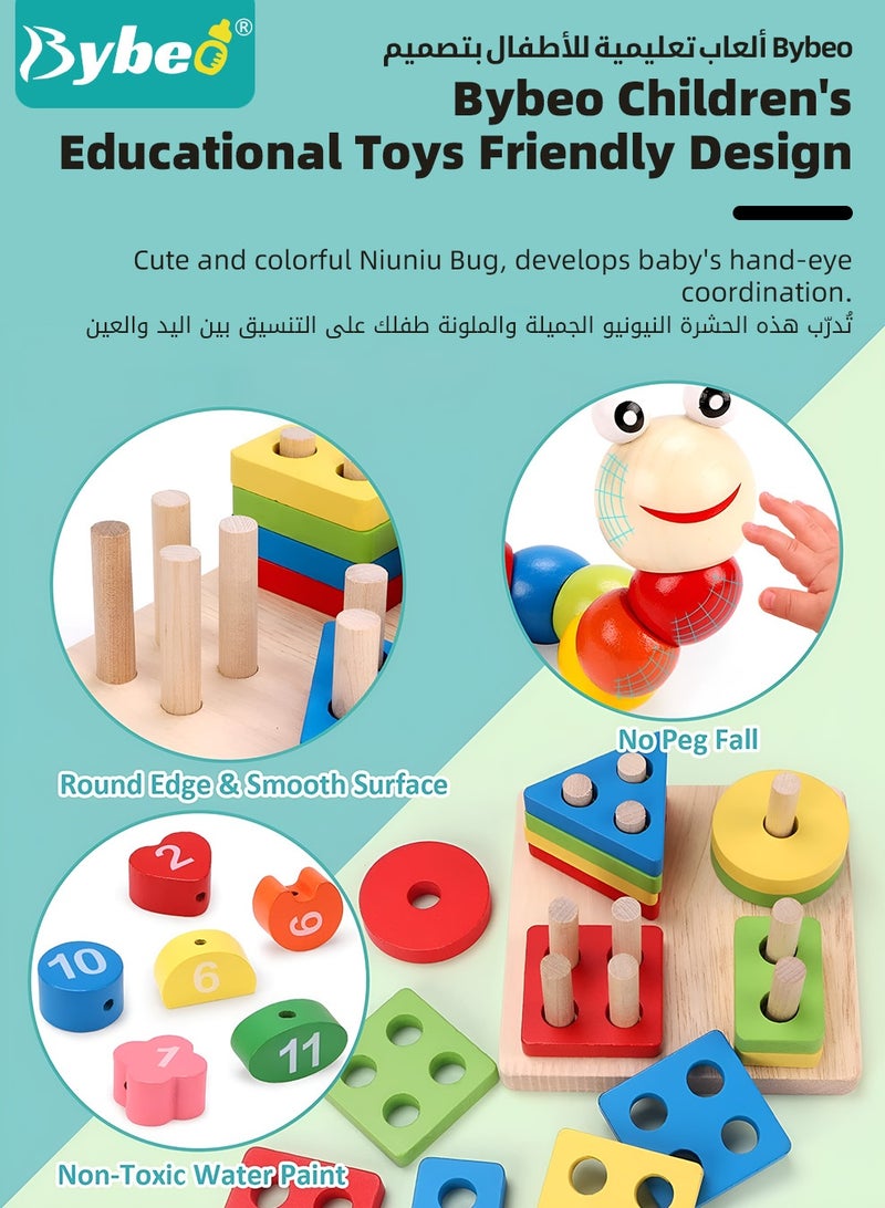 Bybeo 12 Pieces Montessori Toys for 1-3 Years Toddlers, Kids Wooden Toys, Wooden Sorting & Stacking Toys, Preschool Educational Toy for Children, Stacking Rings, Xylophone, Clock Bead Maze, Caterpillar - Image 5