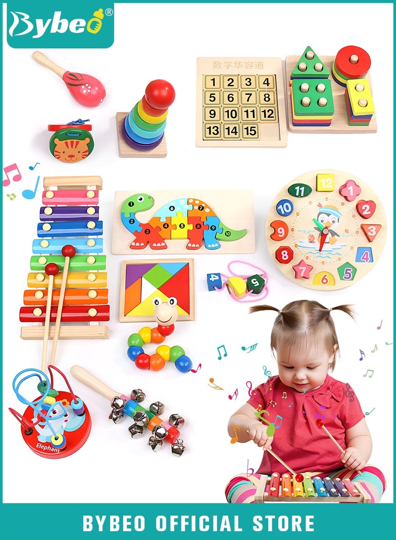 Bybeo 12 Pieces Montessori Toys for 1-3 Years Toddlers, Kids Wooden Toys, Wooden Sorting & Stacking Toys, Preschool Educational Toy for Children, Stacking Rings, Xylophone, Clock Bead Maze, Caterpillar - Image 1