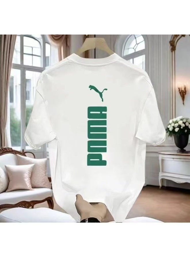 Puma White Base Green Logo Streetwear Short-Sleeve T-Shirt, Casual Sporty Style Size XL - Image 1