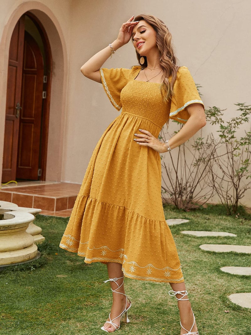 Glamaker Women's Short Sleeve Smocked Square Neck A Line Summer Flowy Midi Dress - Image 3