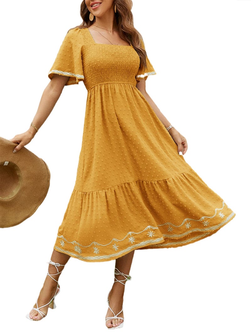 Glamaker Women's Short Sleeve Smocked Square Neck A Line Summer Flowy Midi Dress - Image 1
