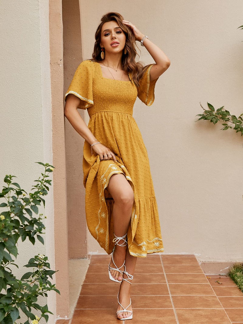 Glamaker Women's Short Sleeve Smocked Square Neck A Line Summer Flowy Midi Dress - Image 4