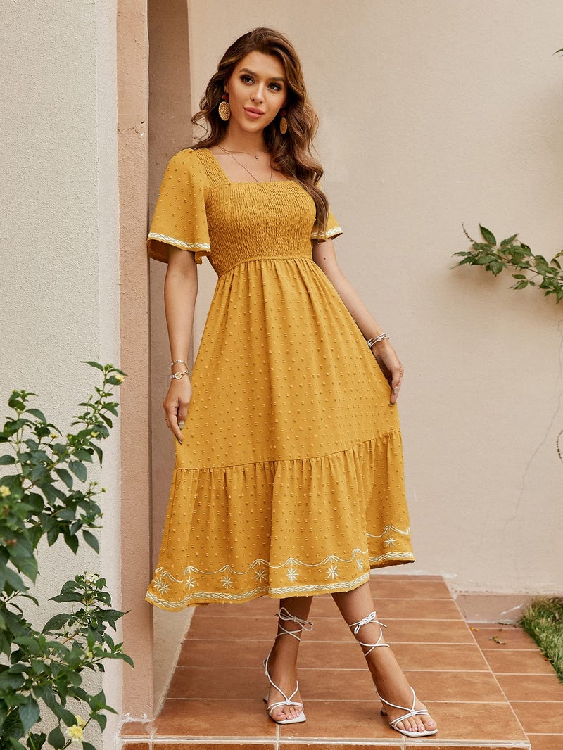 Glamaker Women's Short Sleeve Smocked Square Neck A Line Summer Flowy Midi Dress - Image 2