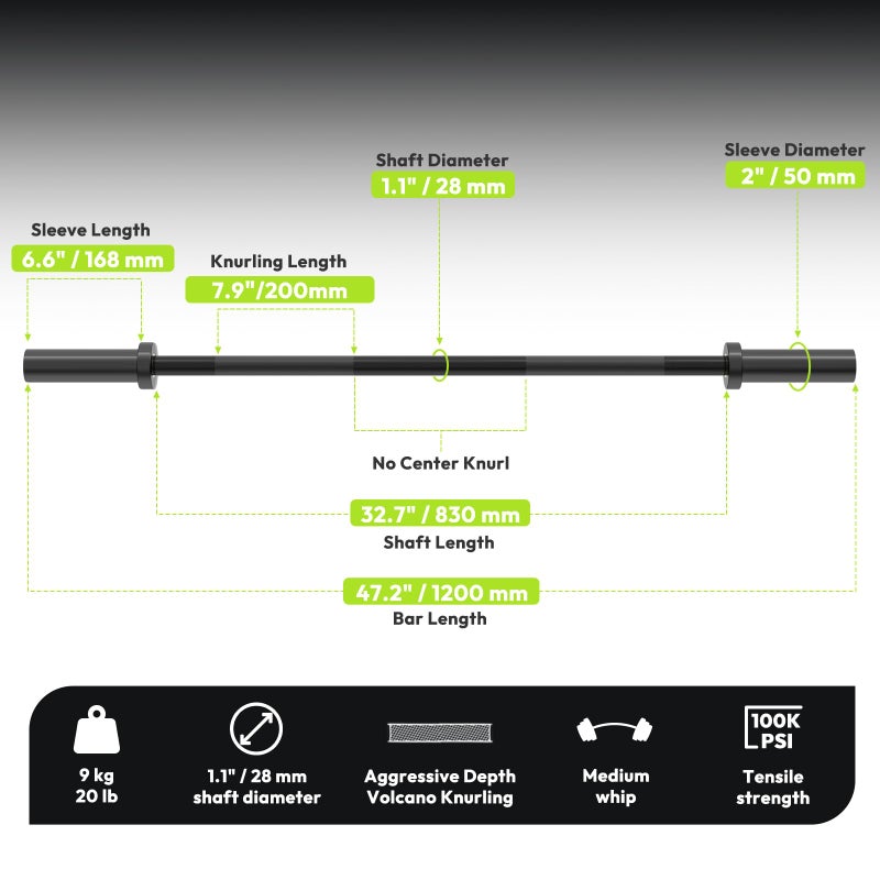 HANDBODE Short Olympic Barbell 4 ft, 2 Inch Weight Bar for Strength Training, Weightlifting, Squat, Hip Thrust, Deadlift, Bench Press, Hard Chrome, Knurled Grip, 500lb Capacity, Black, Home Gym - Image 2
