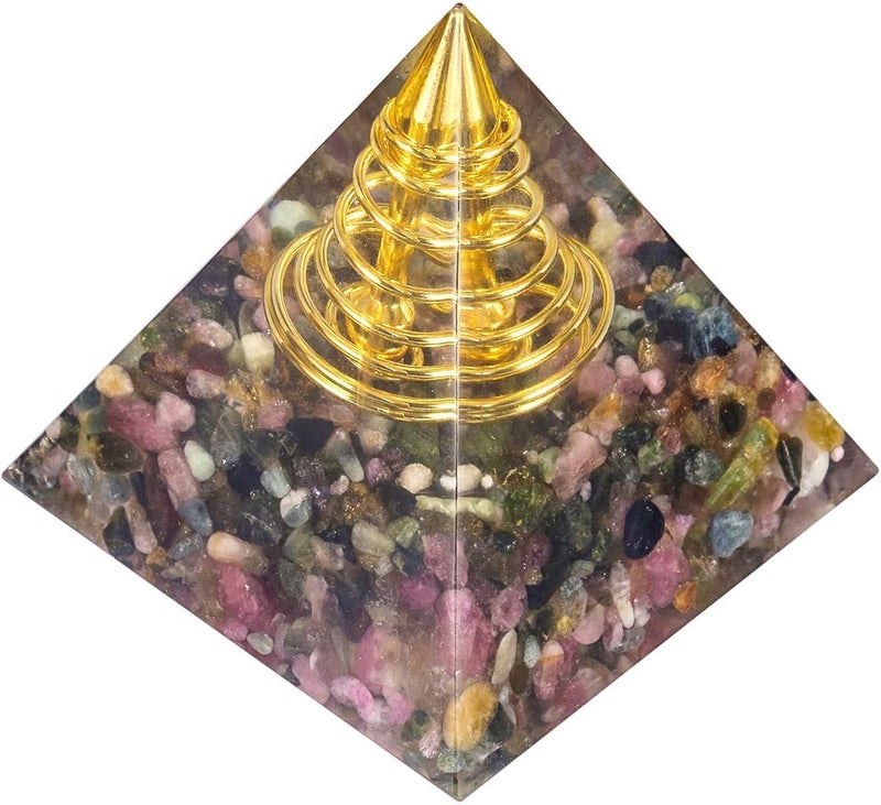 mookaitedecor هرم أورغونيت من كريستال التورمالين مع سلك ذهبي، مولد طاقة أورغونيت للحماية والتأمل واليوغا وتوازن الشاكرات