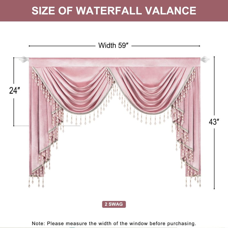 VOGOL Super Soft Velvet Valance for Bedroom, Thick Fabric Privacy Waterfall Valance with 2 Swags, Retro Pink Curtain Panels for Girl's Room Farmhouse, 59 Inches Wide, 1 Panel - Image 3
