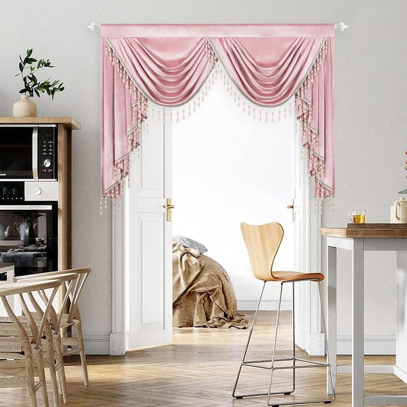 VOGOL Super Soft Velvet Valance for Bedroom, Thick Fabric Privacy Waterfall Valance with 2 Swags, Retro Pink Curtain Panels for Girl's Room Farmhouse, 59 Inches Wide, 1 Panel - Image 2