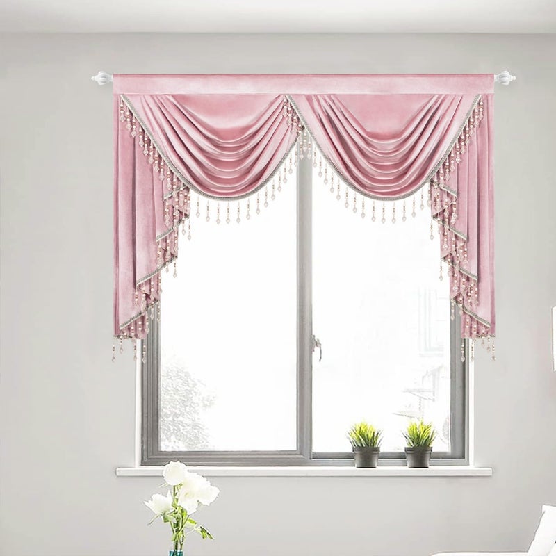 VOGOL Super Soft Velvet Valance for Bedroom, Thick Fabric Privacy Waterfall Valance with 2 Swags, Retro Pink Curtain Panels for Girl's Room Farmhouse, 59 Inches Wide, 1 Panel - Image 1