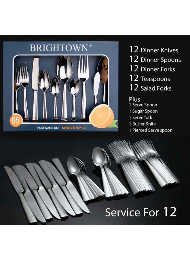 Brightown 65 Piece Silverware Flatware Cutlery Set, Stainless Steel Fork Spoon Knife Sets for 12, Dishwasher Safe,Ergonomic Design Size and Weight - Image 2