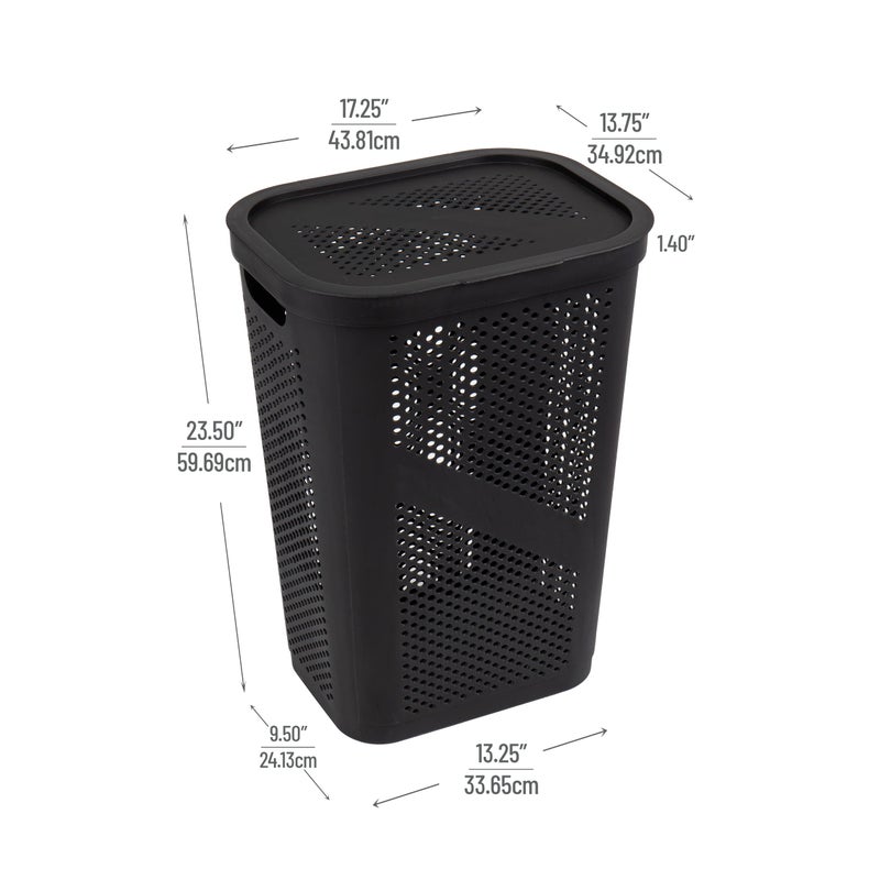 Mind Reader 60L Slim Laundry Hamper, Clothes Basket, Lid, Ventilated, Plastic, Set of 2, Black - Image 3
