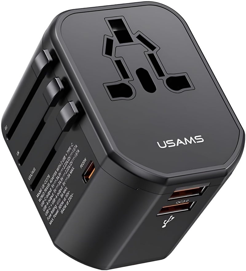 Usams USB C Universal Travel Adapter With Dual QC30 Ports Universal Charger 200 Countries International Adapter Type C Power Plug Black
