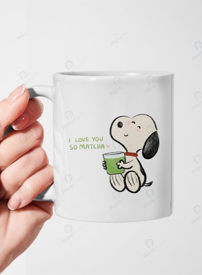 A ceramic mug printed with the phrase I love matcha and featuring a comfortable handle