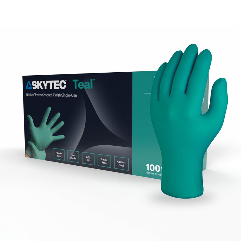 Skytec Teal Box of 100 Powder Free Latex Free High Grip Nitrile Disposable Gloves (Large) - Image 1