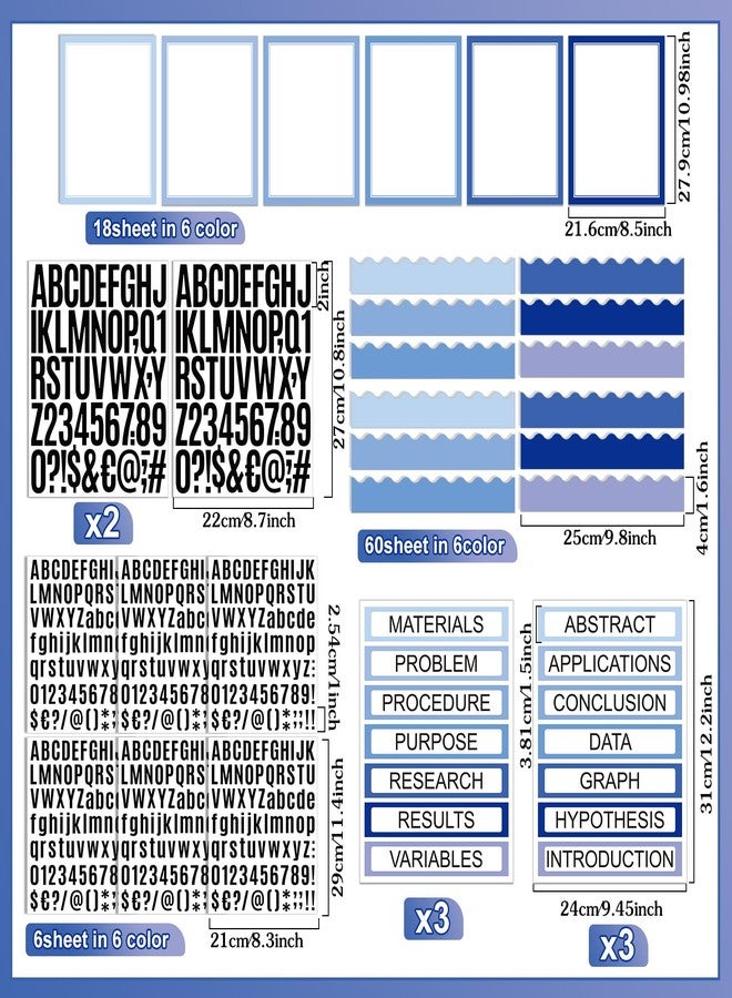 Sinload 92 Pcs Science Fair Board Supplies 60 Trim Scalloped Poster Boards 18 Presentation Subtitles 6 Project Titles 8 Letter Sticker for Classroom Display Boards(Blue Tone,Wave) - Image 2