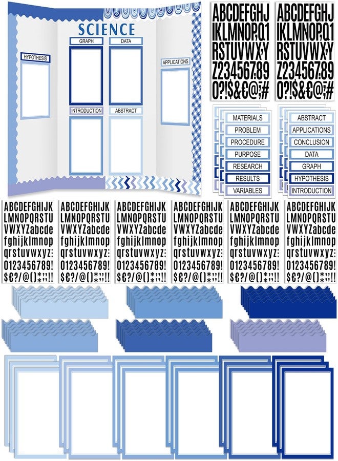 Sinload 92 Pcs Science Fair Board Supplies 60 Trim Scalloped Poster Boards 18 Presentation Subtitles 6 Project Titles 8 Letter Sticker for Classroom Display Boards(Blue Tone,Wave) - Image 1