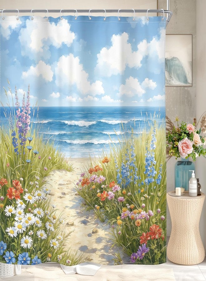 Riyidecor Beach Shower Curtain Ocean Spring Coastal Beachy Blue Sea Floral Flower Nature Watercolor Wildflower Path Seaside Pretty 72Wx72H Inch Fabric Decor Bathroom Polyester Waterproof 12 Pack Hooks - Image 1