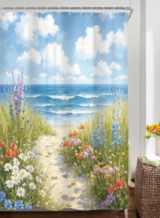 Riyidecor Beach Shower Curtain Ocean Spring Coastal Beachy Blue Sea Floral Flower Nature Watercolor Wildflower Path Seaside Pretty 72Wx72H Inch Fabric Decor Bathroom Polyester Waterproof 12 Pack Hooks - Image 2