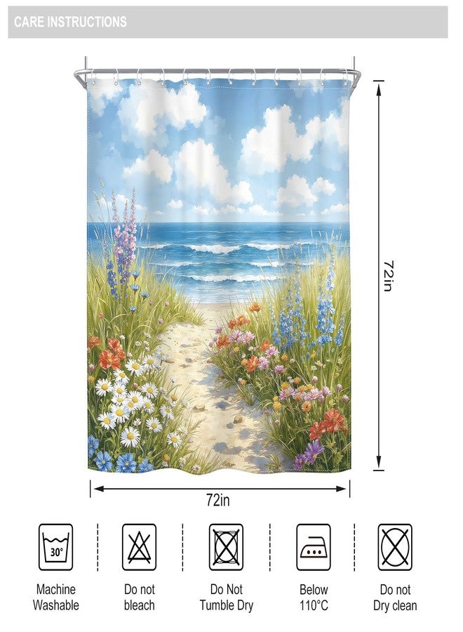 Riyidecor Beach Shower Curtain Ocean Spring Coastal Beachy Blue Sea Floral Flower Nature Watercolor Wildflower Path Seaside Pretty 72Wx72H Inch Fabric Decor Bathroom Polyester Waterproof 12 Pack Hooks - Image 5