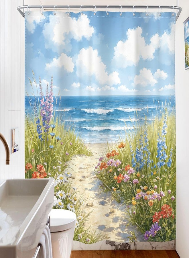 Riyidecor Beach Shower Curtain Ocean Spring Coastal Beachy Blue Sea Floral Flower Nature Watercolor Wildflower Path Seaside Pretty 72Wx72H Inch Fabric Decor Bathroom Polyester Waterproof 12 Pack Hooks - Image 4