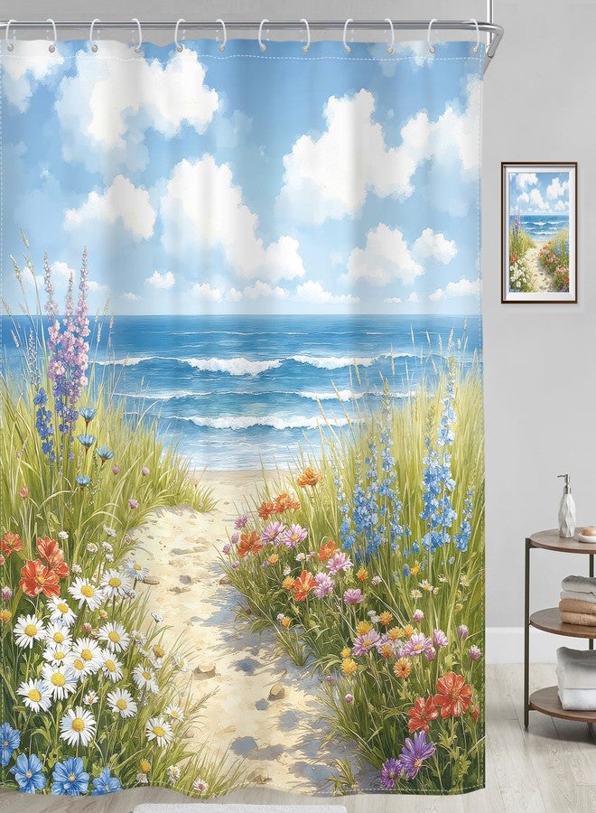 Riyidecor Beach Shower Curtain Ocean Spring Coastal Beachy Blue Sea Floral Flower Nature Watercolor Wildflower Path Seaside Pretty 72Wx72H Inch Fabric Decor Bathroom Polyester Waterproof 12 Pack Hooks - Image 3