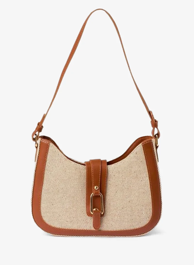 Brown Straw-Pattern Belt-Detail Shoulder Bag.