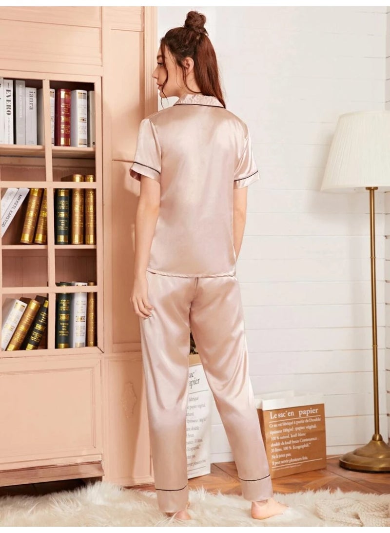 Sweet Cathy Satin Sleepwear Silky Pajamas Heart Embroidery Sleeve Button Top And Pants PJ Set - Image 2