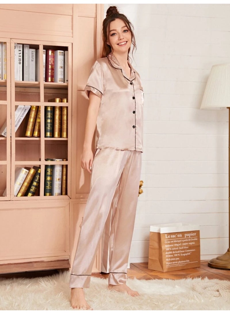 Sweet Cathy Satin Sleepwear Silky Pajamas Heart Embroidery Sleeve Button Top And Pants PJ Set - Image 3