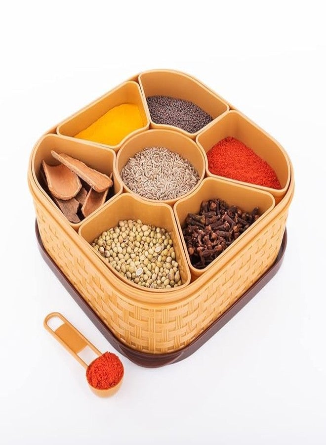 SWEEVAN Plastic Square 7 Sections Multipurpose Masala Rangoli Dabba Box Set, Spice Box Set - Brown - Image 1