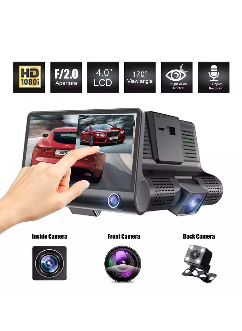 Generic 3 Channel Dash Cam Front and Rear Inside, 4 Inch 1080P Dash Camera for Cars Three Way Triple Car Camera  - Image 1