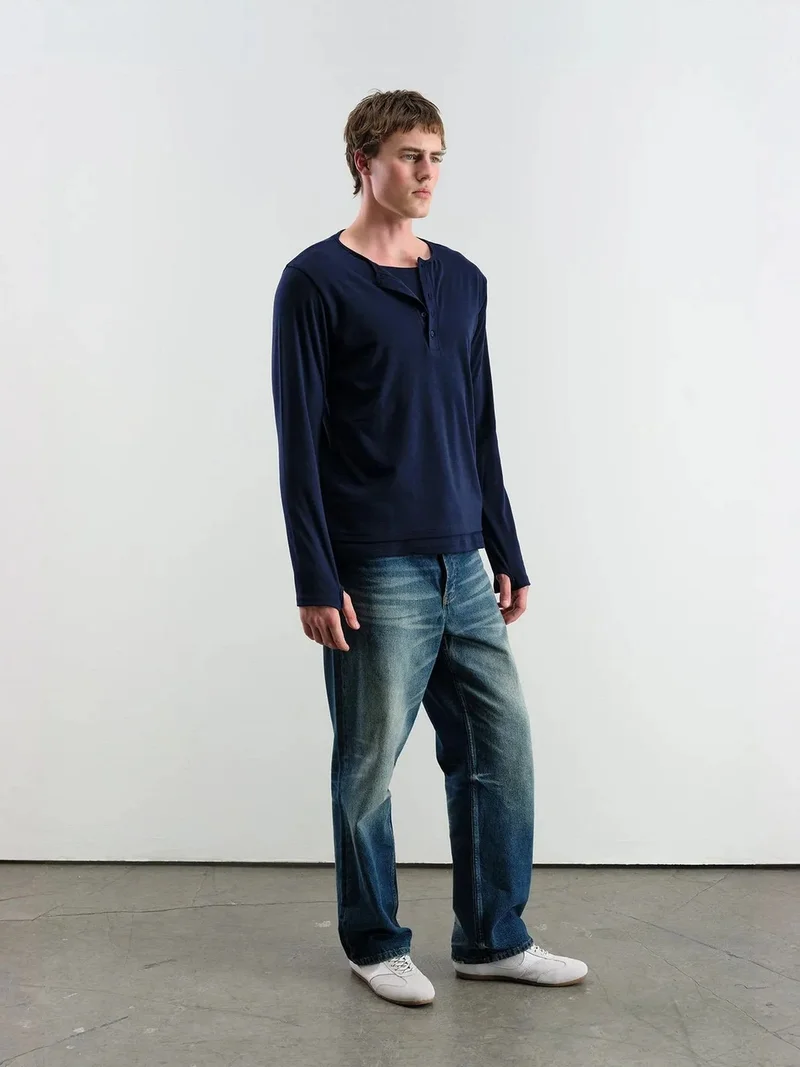 Giesto Navy Blue GIESTO Comfort Fit Long Sleeve Button Collar Cotton T-Shirt for Men | Best Price UAE