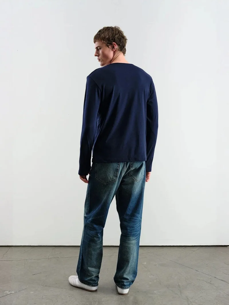 Giesto Navy Blue GIESTO Comfort Fit Long Sleeve Button Collar Cotton T-Shirt for Men | Best Price UAE