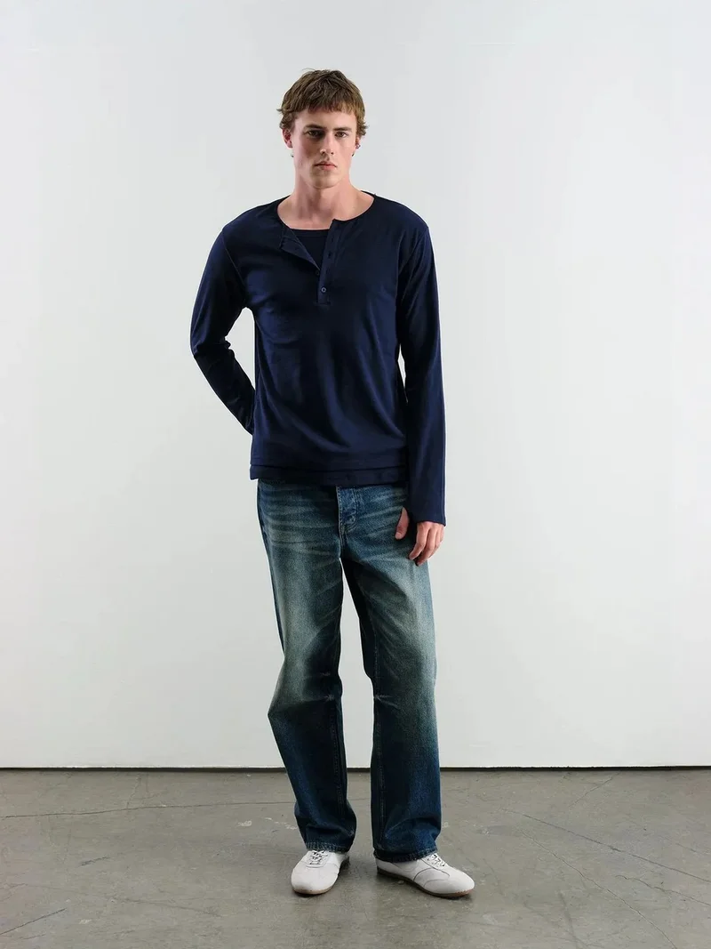 Giesto Navy Blue GIESTO Comfort Fit Long Sleeve Button Collar Cotton T-Shirt for Men | Best Price UAE