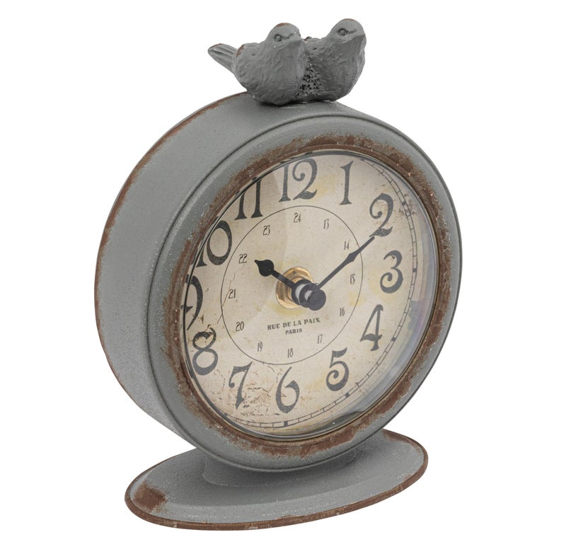 Creative Co-Op Grey Pewter Mantel Clock with Birds - Image 1
